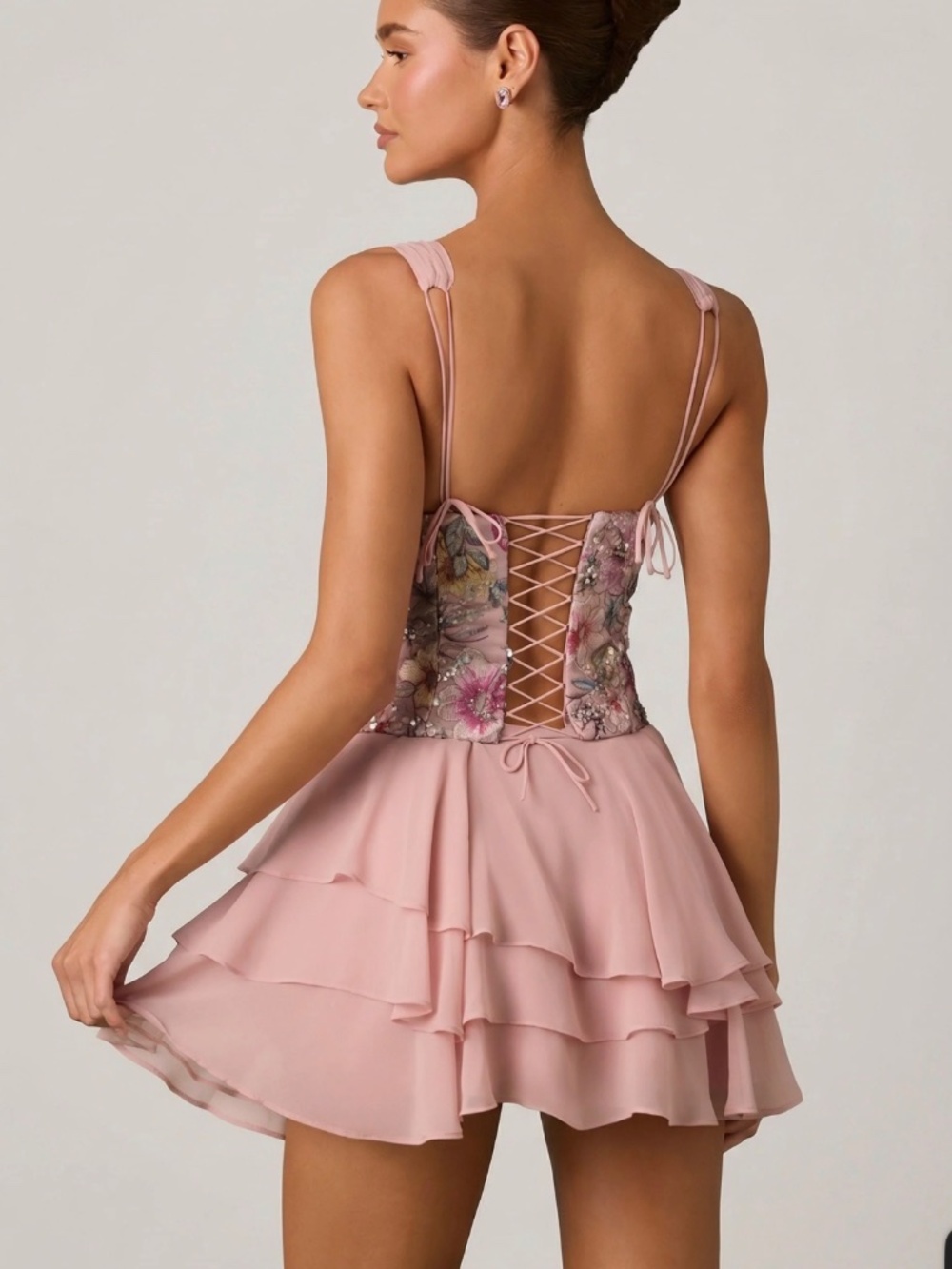 NWT OH POLLLY Sakura Embellished Ruffled Corset Mini Dress in Floral Pink 8 - Picture 2 of 4